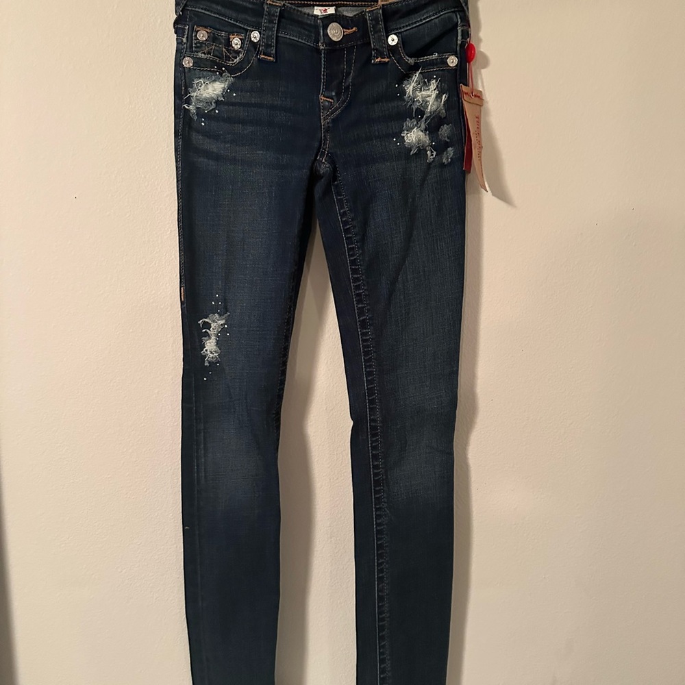 Adidas Blue Skinny Jeans with Vintage Distressing